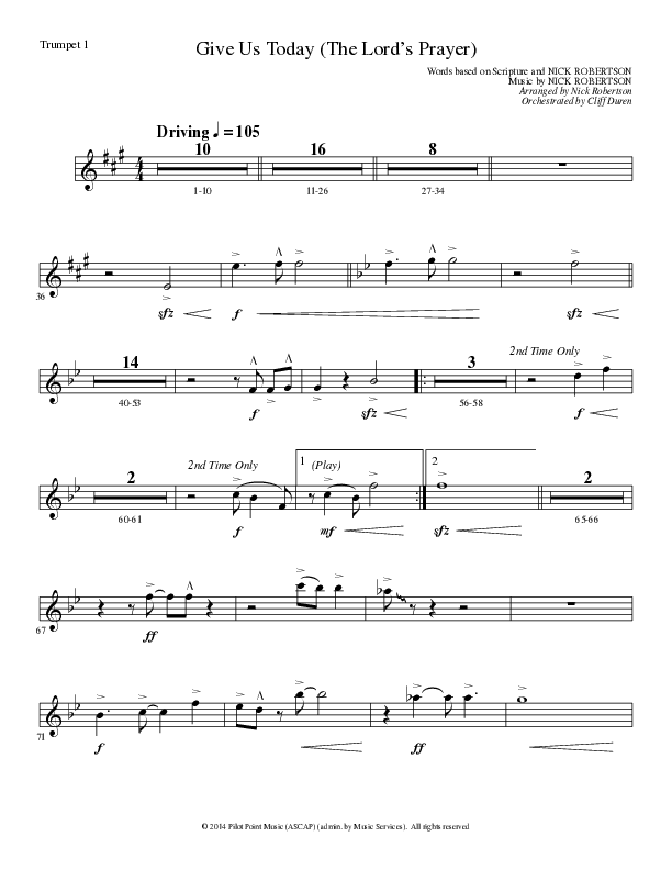 Give Us Today (The Lord’s Prayer) (Choral Anthem SATB) Trumpet 1 (Lillenas Choral / Arr. Nick Robertson)