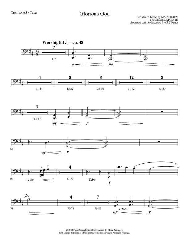 Glorious God (Choral Anthem SATB) Trombone 3/Tuba (Lillenas Choral / Arr. Cliff Duren)