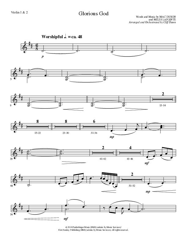 Glorious God (Choral Anthem SATB) Violin 1/2 (Lillenas Choral / Arr. Cliff Duren)