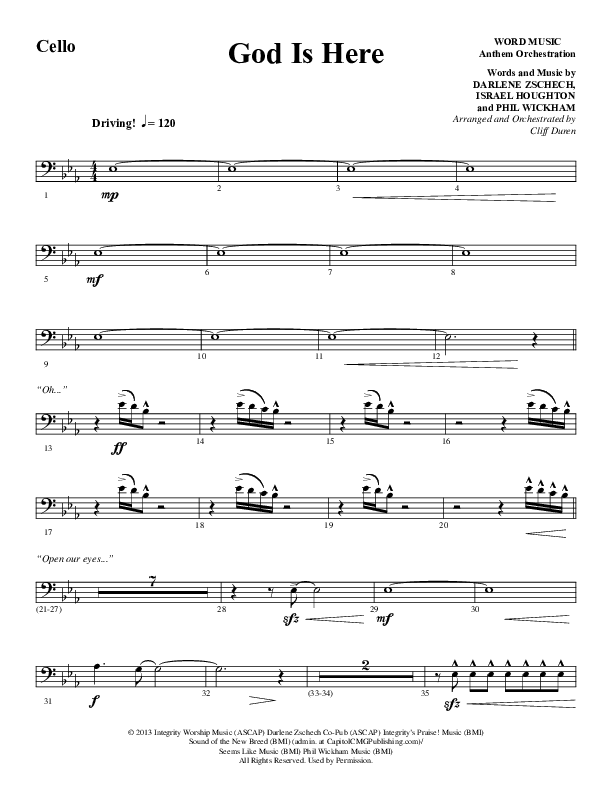 God Is Here (Choral Anthem SATB) Cello (Word Music Choral / Arr. Cliff Duren)