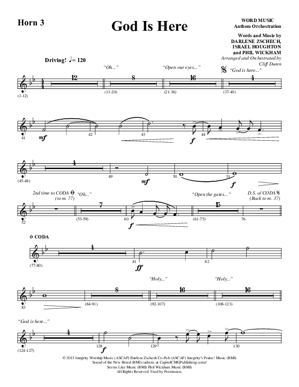 God Is Here (Choral Anthem SATB) French Horn 3 (Word Music Choral / Arr. Cliff Duren)