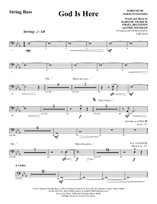 God Is Here (Choral Anthem SATB) String Bass (Word Music Choral / Arr. Cliff Duren)