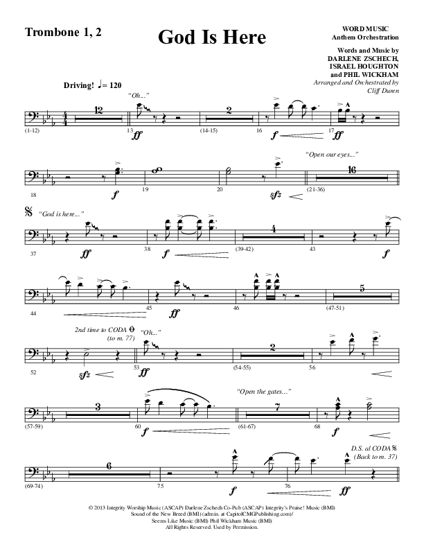 God Is Here (Choral Anthem SATB) Trombone 1/2 (Word Music Choral / Arr. Cliff Duren)