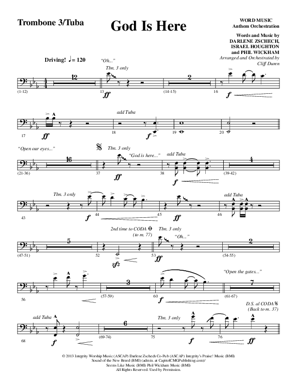 God Is Here (Choral Anthem SATB) Trombone 3/Tuba (Word Music Choral / Arr. Cliff Duren)