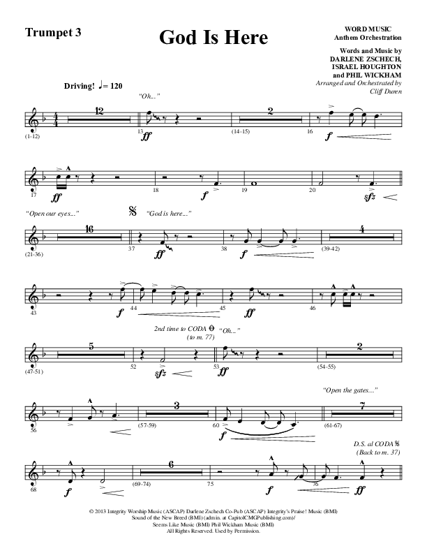God Is Here (Choral Anthem SATB) Trumpet 3 (Word Music Choral / Arr. Cliff Duren)