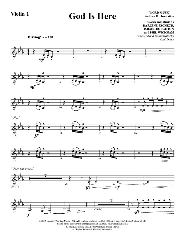 God Is Here (Choral Anthem SATB) Violin 1 (Word Music Choral / Arr. Cliff Duren)