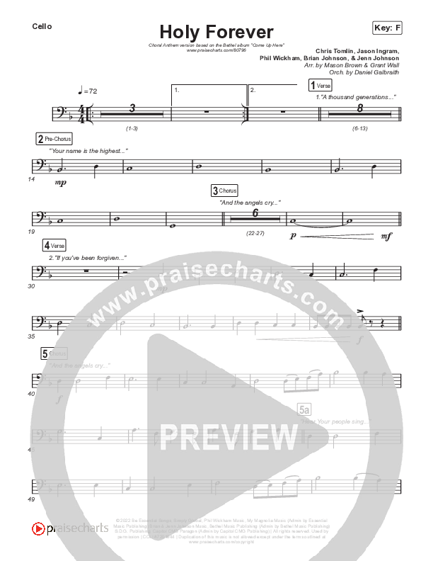Holy Forever (Choral Anthem SATB) Cello (Bethel Music / Arr. Mason Brown)