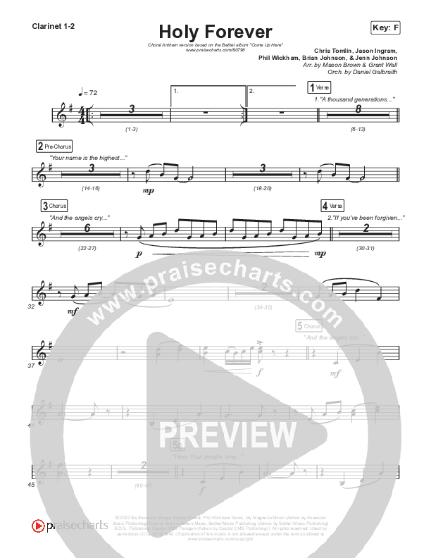 Holy Forever (Choral Anthem SATB) Clarinet 1,2 (Bethel Music / Arr. Mason Brown)