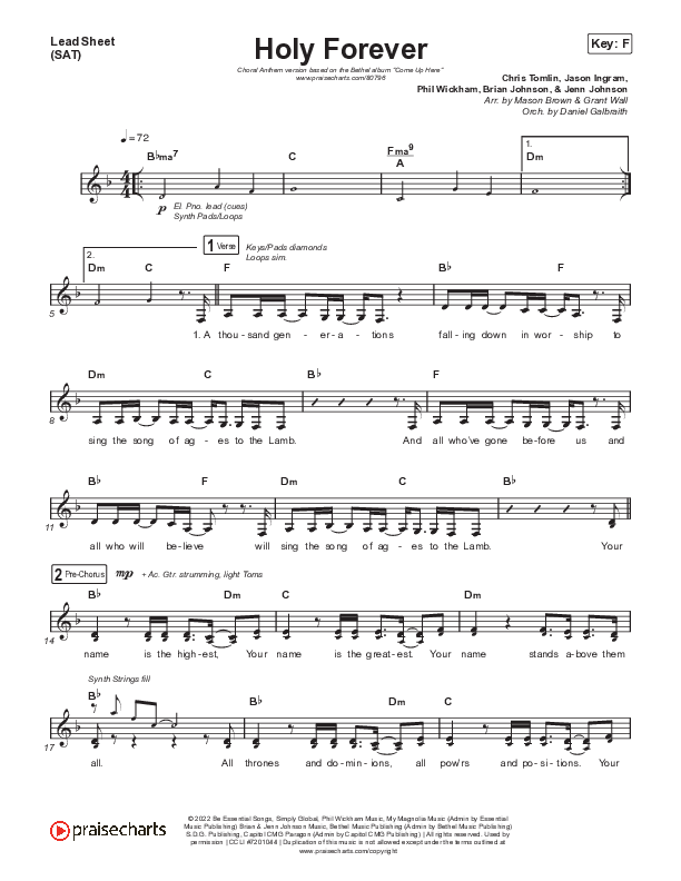 Holy Forever (Choral Anthem SATB) Lead Sheet (SAT) (Bethel Music / Arr. Mason Brown)