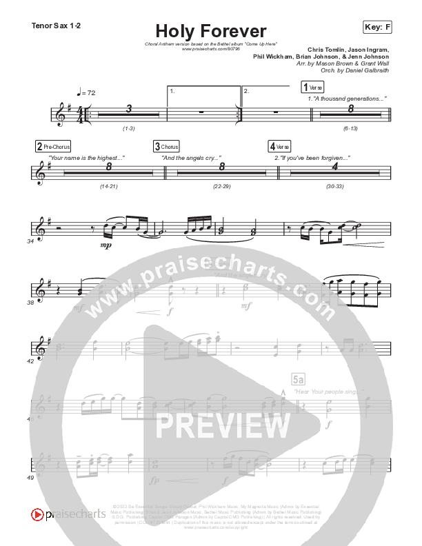 Holy Forever (Choral Anthem SATB) Tenor Sax 1,2 (Bethel Music / Arr. Mason Brown)