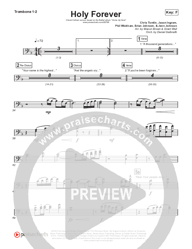 Holy Forever (Choral Anthem SATB) Trombone 1,2 (Bethel Music / Arr. Mason Brown)