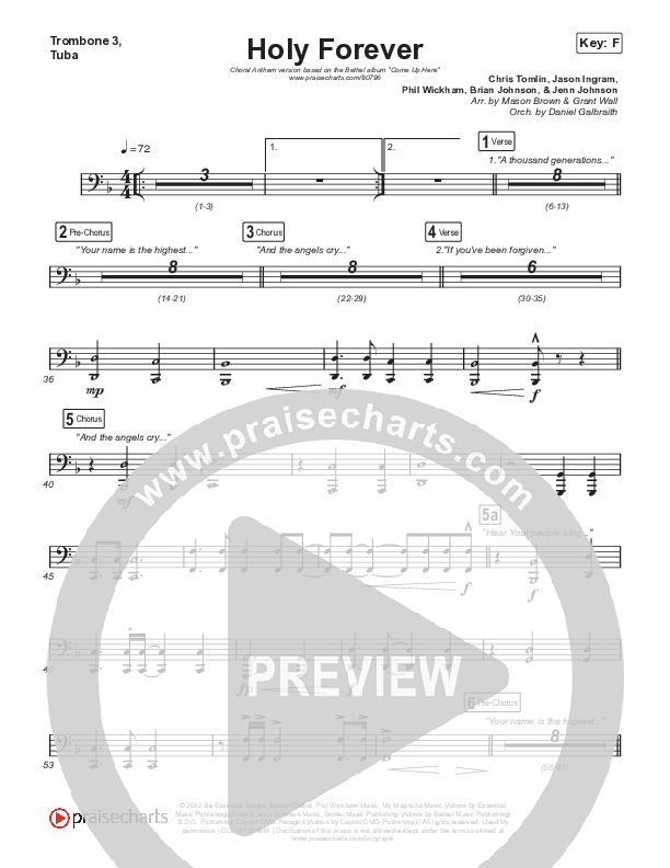 Holy Forever (Choral Anthem SATB) Trombone 3/Tuba (Bethel Music / Arr. Mason Brown)