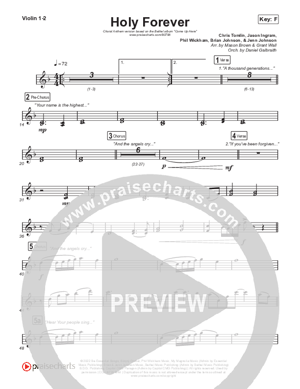 Holy Forever (Choral Anthem SATB) Violin 1,2 (Bethel Music / Arr. Mason Brown)