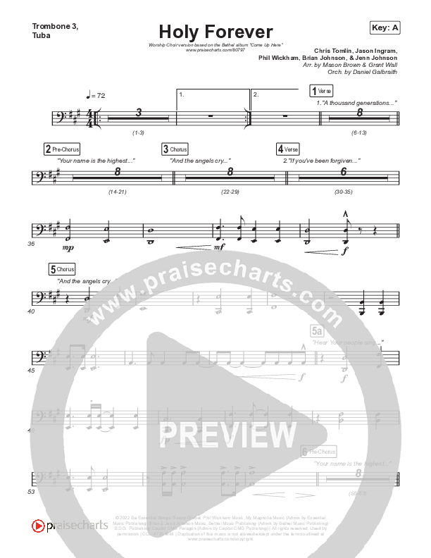 Holy Forever (Worship Choir/SAB) Trombone 3/Tuba (Bethel Music / Arr. Mason Brown)