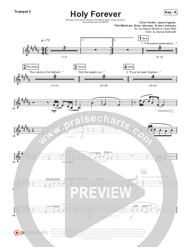 Holy Forever (Worship Choir/SAB) Trumpet 3 (Bethel Music / Arr. Mason Brown)