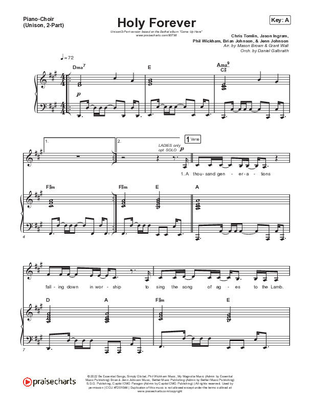 Holy Forever (Unison/2-Part) Piano/Choir  (Uni/2-Part) (Bethel Music / Arr. Mason Brown)
