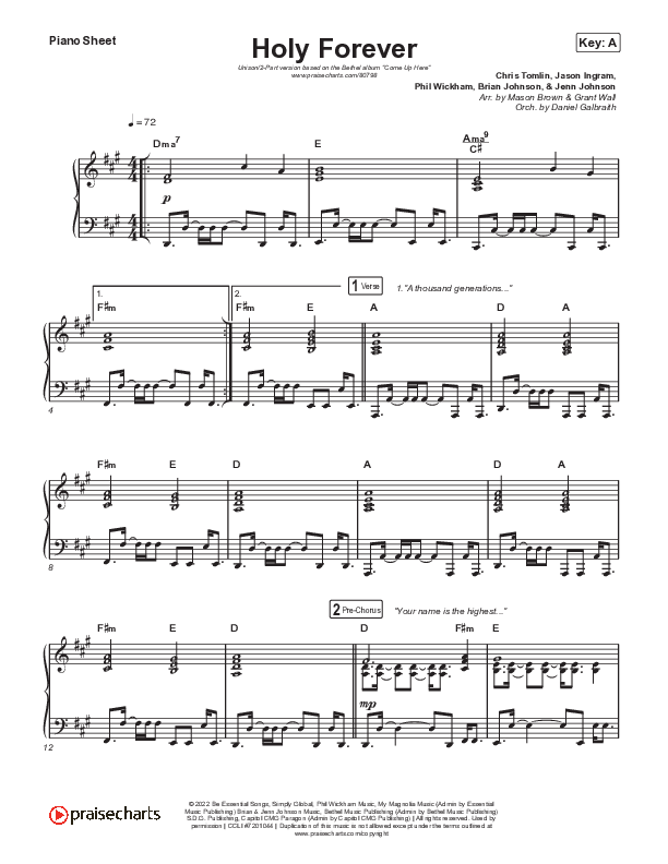 Holy Forever (Unison/2-Part) Piano Sheet (Bethel Music / Arr. Mason Brown)