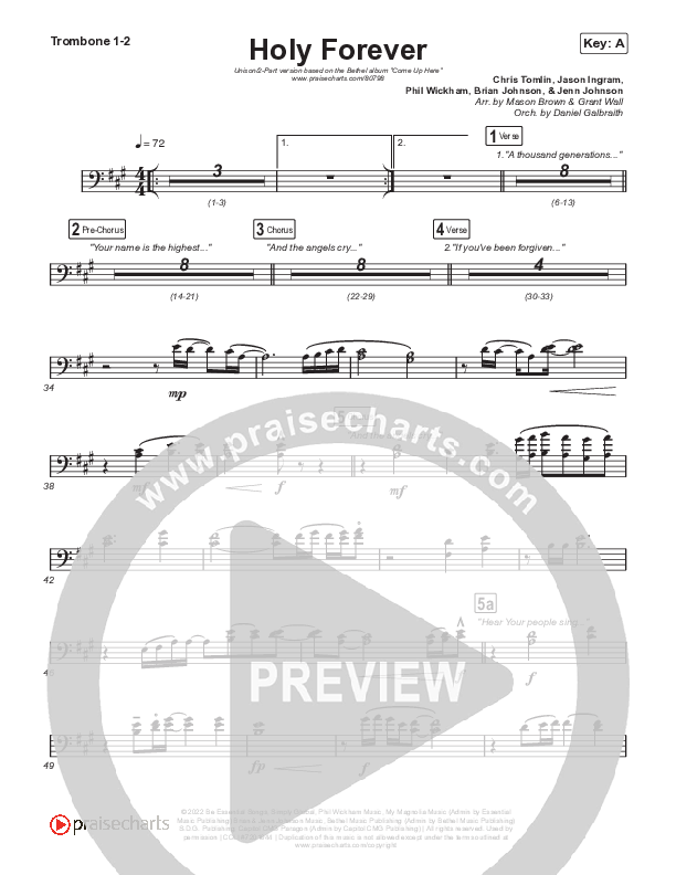 Holy Forever (Unison/2-Part) Trombone 1/2 (Bethel Music / Arr. Mason Brown)