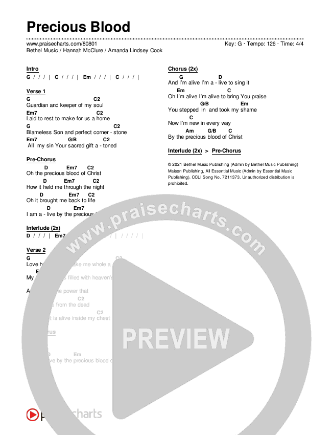 Precious Blood Chords & Lyrics (Bethel Music / Hannah McClure / Amanda Lindsey Cook)