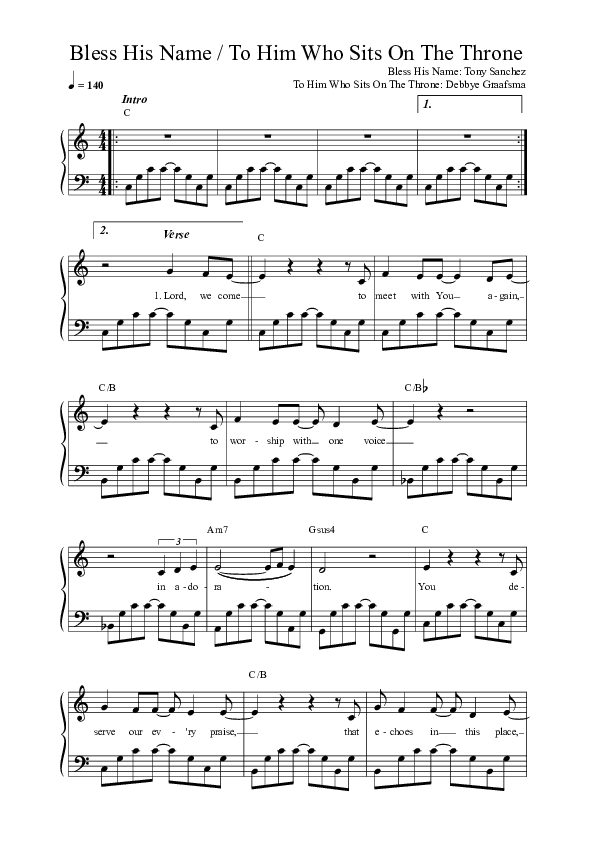 Bless His Name / To Him Who Sits On The Throne (Live) Lead Sheet Melody (Vineyard Worship)