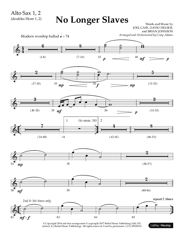 No Longer Slaves (Choral Anthem SATB) Alto Sax 1/2 (Lifeway Choral / Arr. Craig Adams)