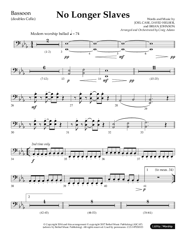 No Longer Slaves (Choral Anthem SATB) Bassoon (Lifeway Choral / Arr. Craig Adams)