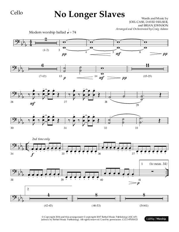 No Longer Slaves (Choral Anthem SATB) Cello (Lifeway Choral / Arr. Craig Adams)
