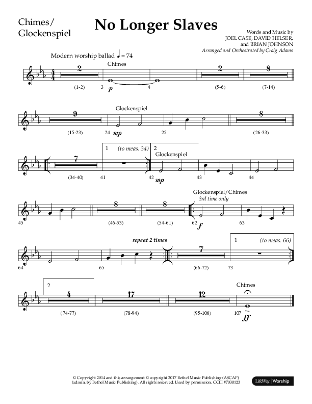 No Longer Slaves (Choral Anthem SATB) Chimes/Glockenspiel (Lifeway Choral / Arr. Craig Adams)