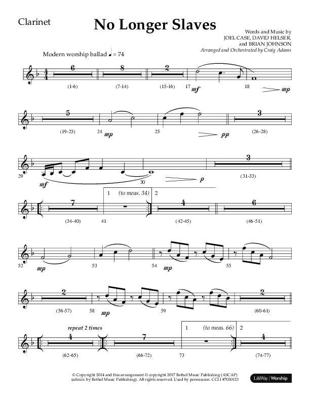 No Longer Slaves (Choral Anthem SATB) Clarinet (Lifeway Choral / Arr. Craig Adams)