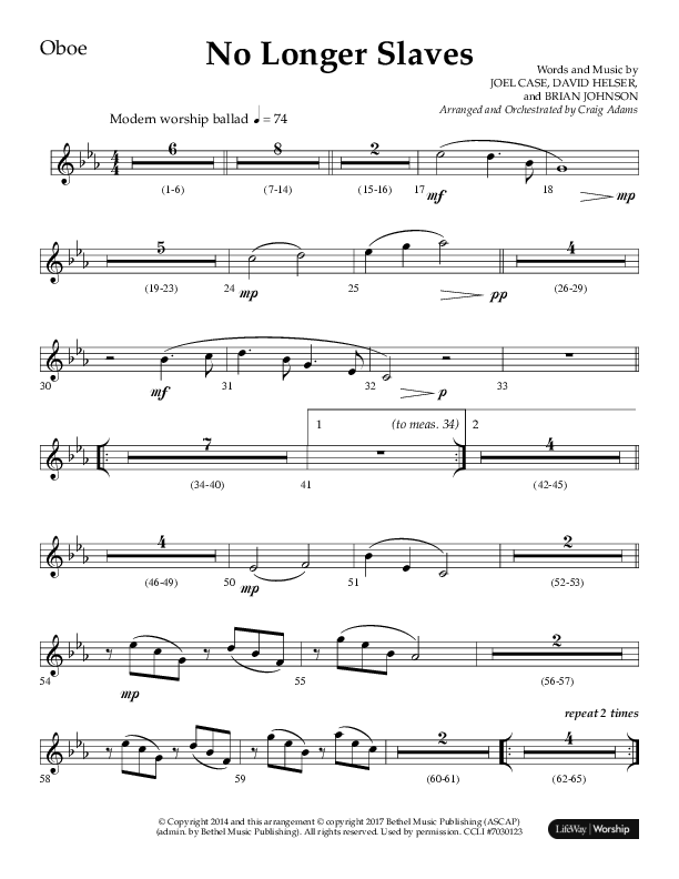 No Longer Slaves (Choral Anthem SATB) Oboe (Lifeway Choral / Arr. Craig Adams)
