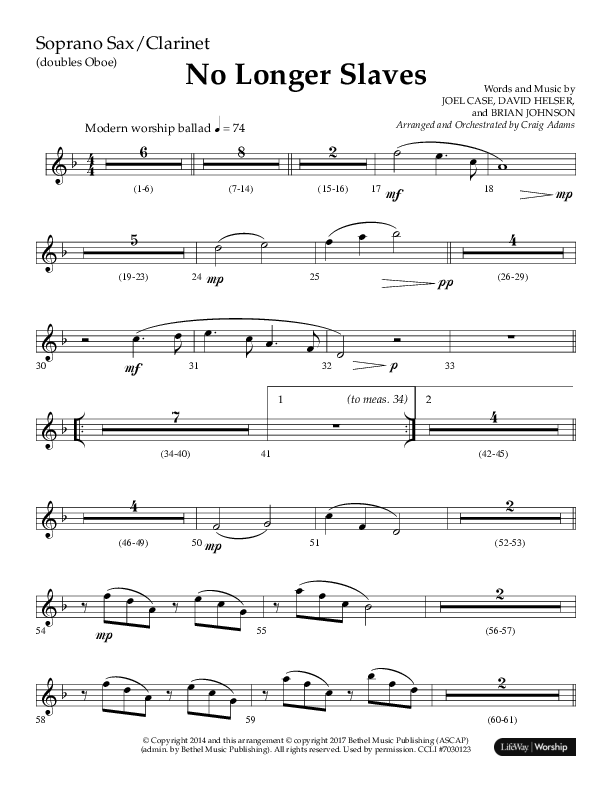 No Longer Slaves (Choral Anthem SATB) Soprano Sax (Lifeway Choral / Arr. Craig Adams)