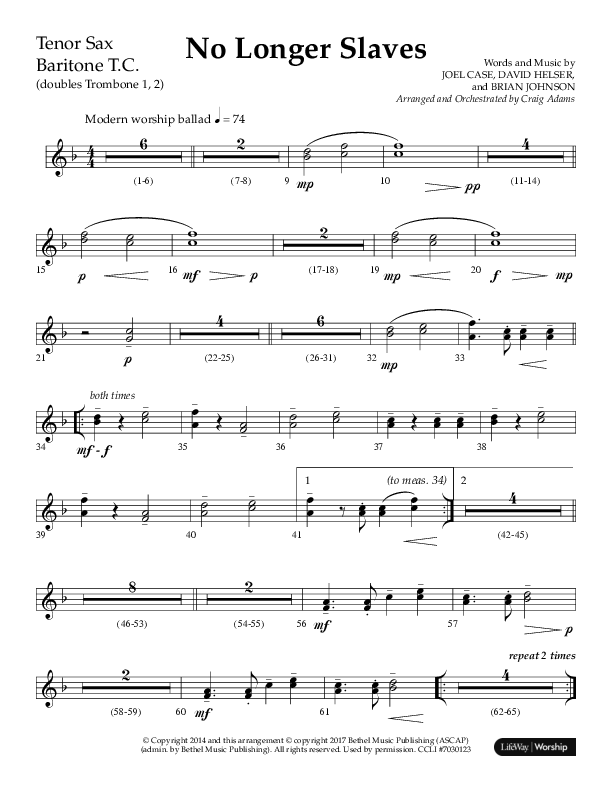 No Longer Slaves (Choral Anthem SATB) Tenor Sax/Baritone T.C. (Lifeway Choral / Arr. Craig Adams)