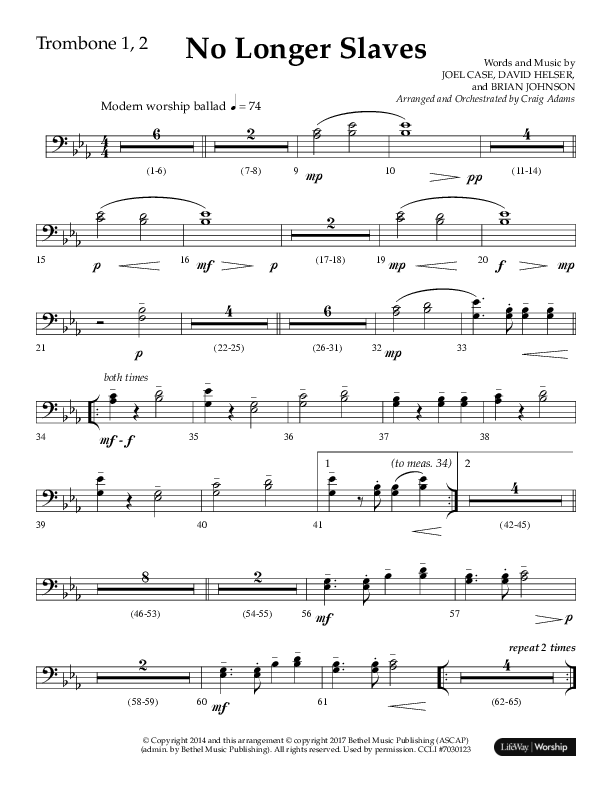 No Longer Slaves (Choral Anthem SATB) Trombone 1/2 (Lifeway Choral / Arr. Craig Adams)