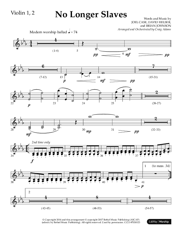 No Longer Slaves (Choral Anthem SATB) Violin 1/2 (Lifeway Choral / Arr. Craig Adams)