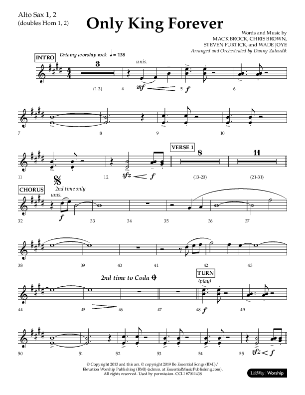Only King Forever (Choral Anthem SATB) Alto Sax 1/2 (Lifeway Choral / Arr. Danny Zaloudik)