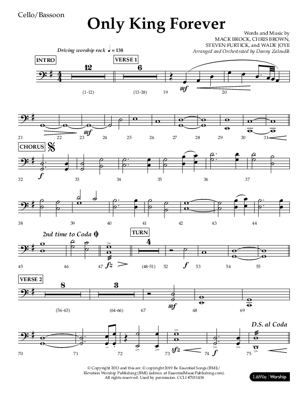 Only King Forever (Choral Anthem SATB) Cello (Lifeway Choral / Arr. Danny Zaloudik)