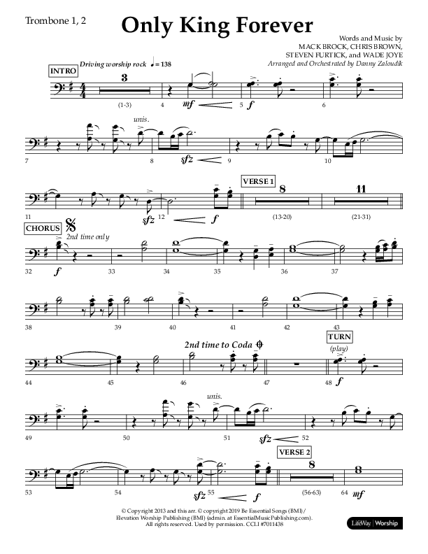 Only King Forever (Choral Anthem SATB) Trombone 1/2 (Lifeway Choral / Arr. Danny Zaloudik)