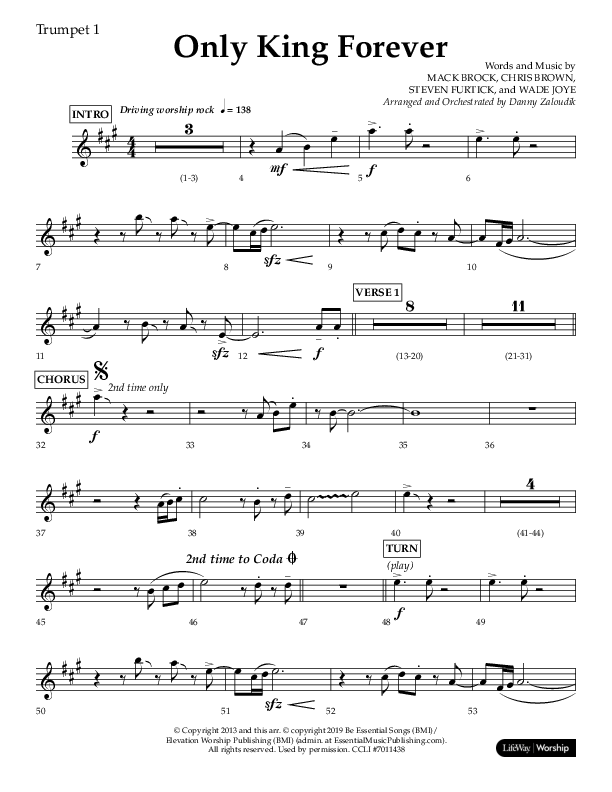 Only King Forever (Choral Anthem SATB) Trumpet 1 (Lifeway Choral / Arr. Danny Zaloudik)