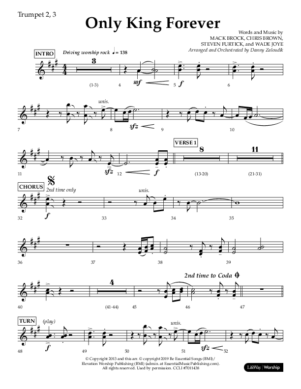 Only King Forever (Choral Anthem SATB) Trumpet 2/3 (Lifeway Choral / Arr. Danny Zaloudik)