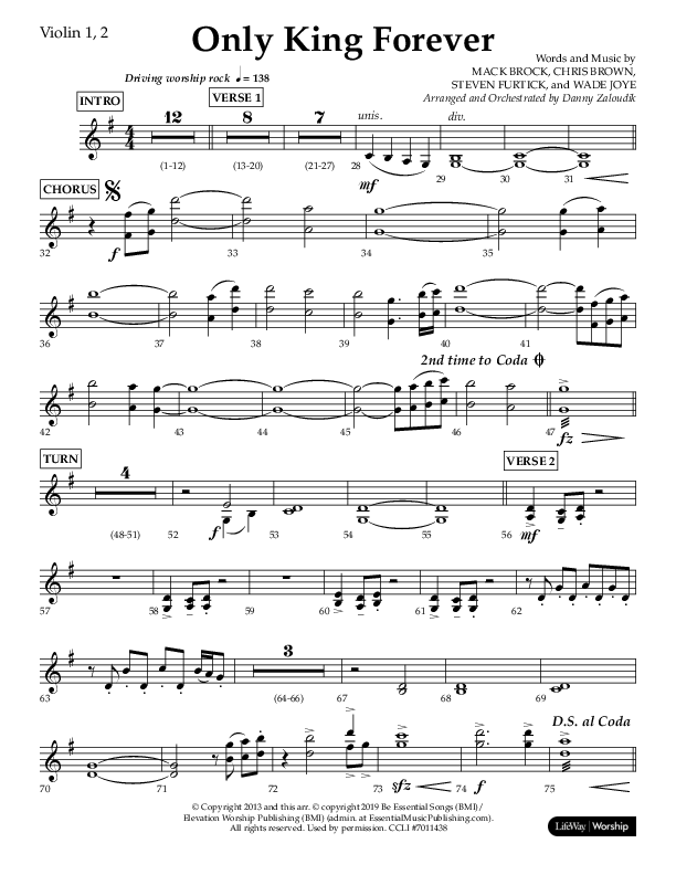 Only King Forever (Choral Anthem SATB) Violin 1/2 (Lifeway Choral / Arr. Danny Zaloudik)