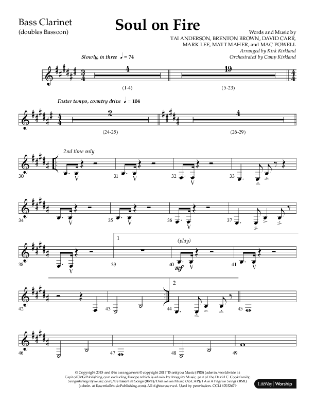 Soul On Fire (Choral Anthem SATB) Bass Clarinet (Lifeway Choral / Arr. Kirk Kirkland / Orch. Camp Kirkland)