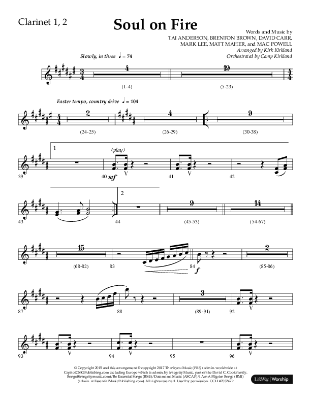 Soul On Fire (Choral Anthem SATB) Clarinet 1/2 (Lifeway Choral / Arr. Kirk Kirkland / Orch. Camp Kirkland)