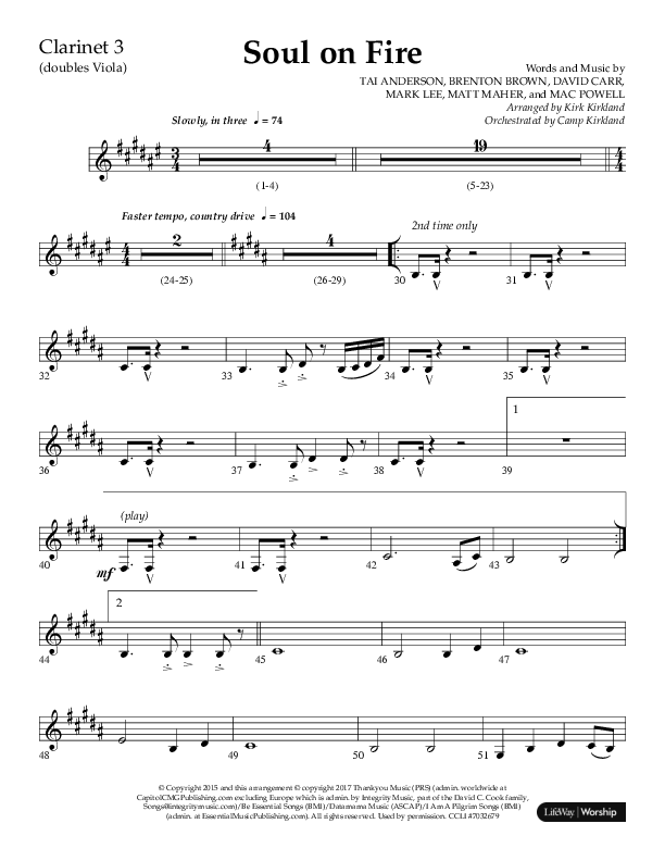 Soul On Fire (Choral Anthem SATB) Clarinet 3 (Lifeway Choral / Arr. Kirk Kirkland / Orch. Camp Kirkland)
