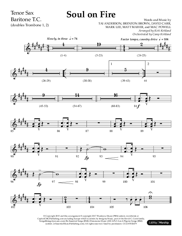 Soul On Fire (Choral Anthem SATB) Tenor Sax/Baritone T.C. (Lifeway Choral / Arr. Kirk Kirkland / Orch. Camp Kirkland)