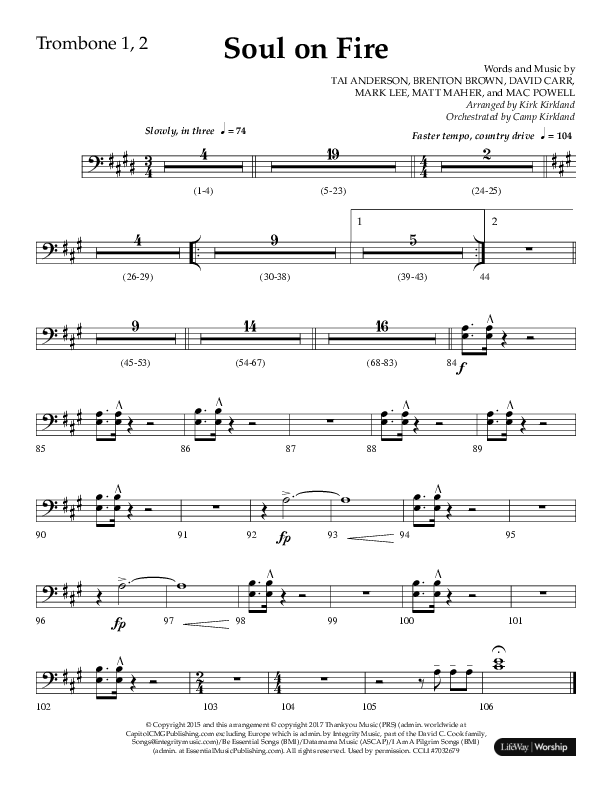 Soul On Fire (Choral Anthem SATB) Trombone 1/2 (Lifeway Choral / Arr. Kirk Kirkland / Orch. Camp Kirkland)