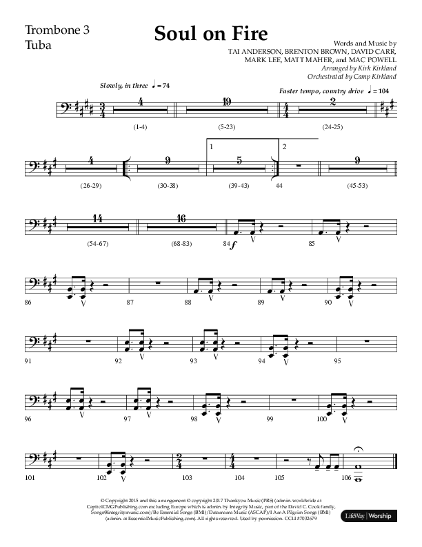 Soul On Fire (Choral Anthem SATB) Trombone 3/Tuba (Lifeway Choral / Arr. Kirk Kirkland / Orch. Camp Kirkland)