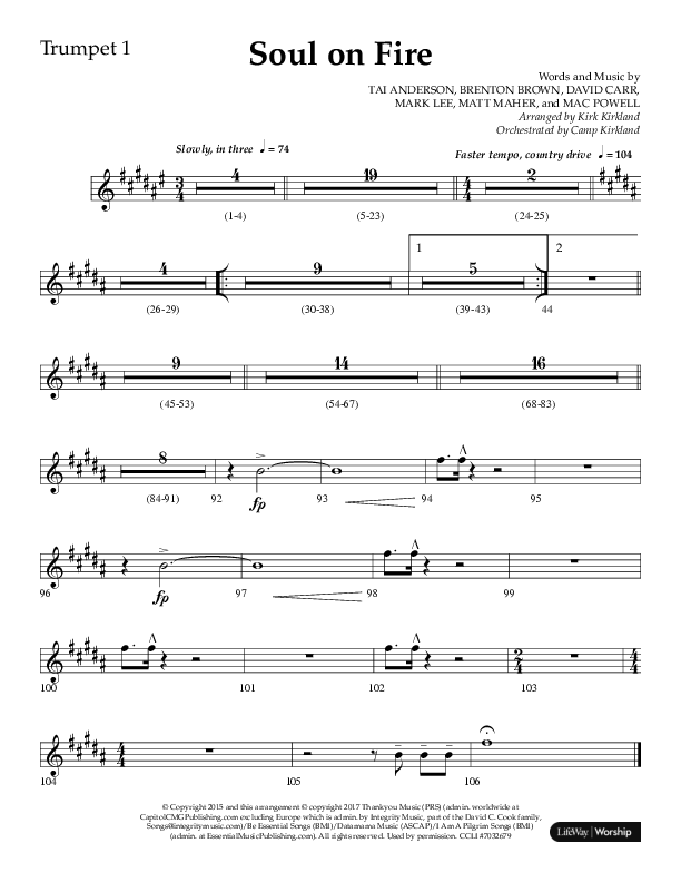 Soul On Fire (Choral Anthem SATB) Trumpet 1 (Lifeway Choral / Arr. Kirk Kirkland / Orch. Camp Kirkland)