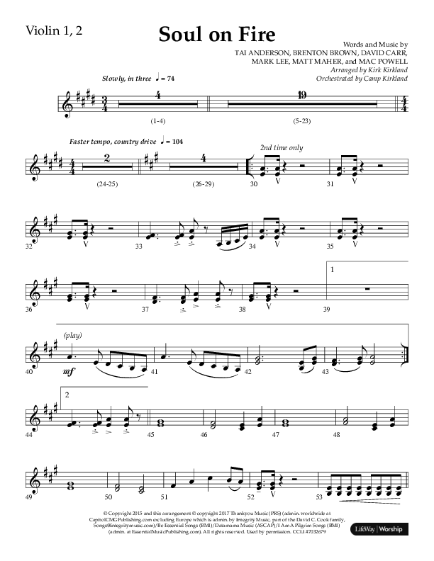 Soul On Fire (Choral Anthem SATB) Violin 1/2 (Lifeway Choral / Arr. Kirk Kirkland / Orch. Camp Kirkland)