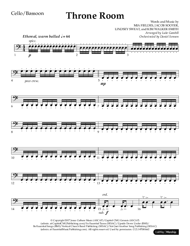 Throne Room (Choral Anthem SATB) Cello (Lifeway Choral / Arr. Luke Gambill / Orch. Daniel Semsen)