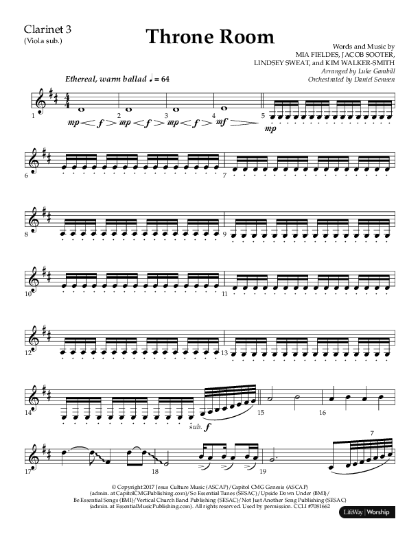 Throne Room (Choral Anthem SATB) Clarinet 3 (Lifeway Choral / Arr. Luke Gambill / Orch. Daniel Semsen)